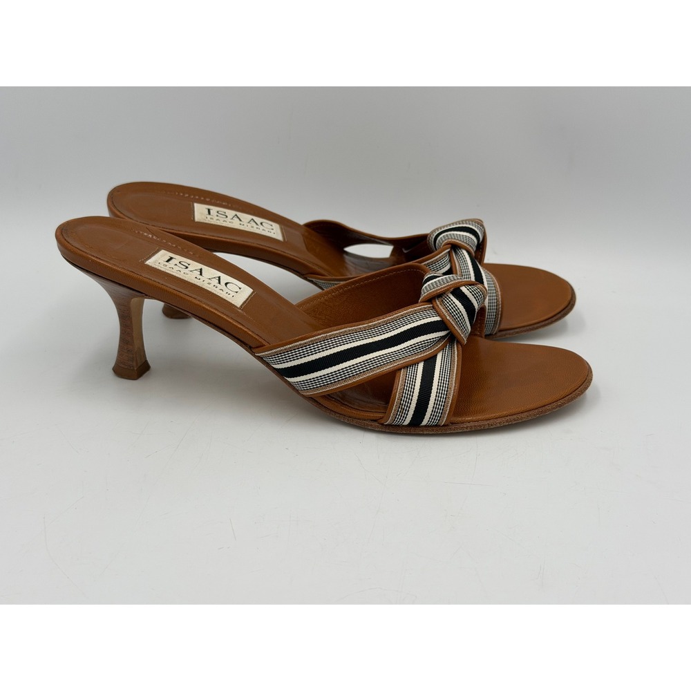 Vintage Y2K Isaac Mizrahi Womens 8 Brown Leather Kitten Heel Mule Sandals Italy